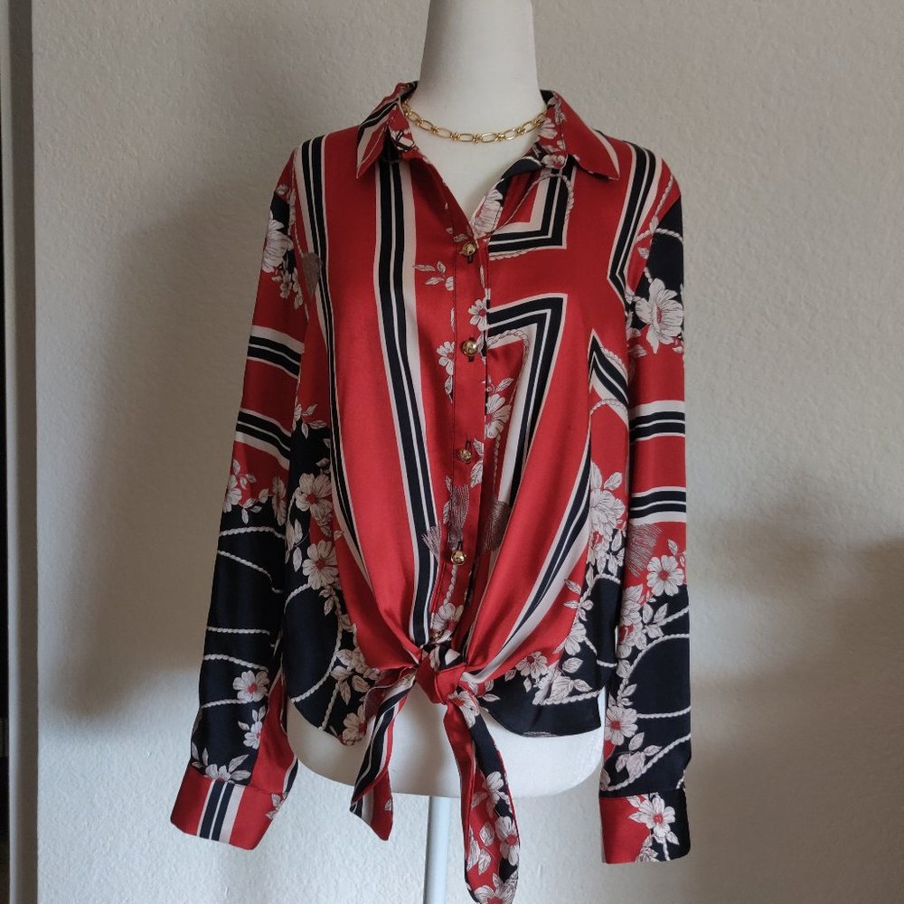River Island Red & Black Floral Tie Front Blouse